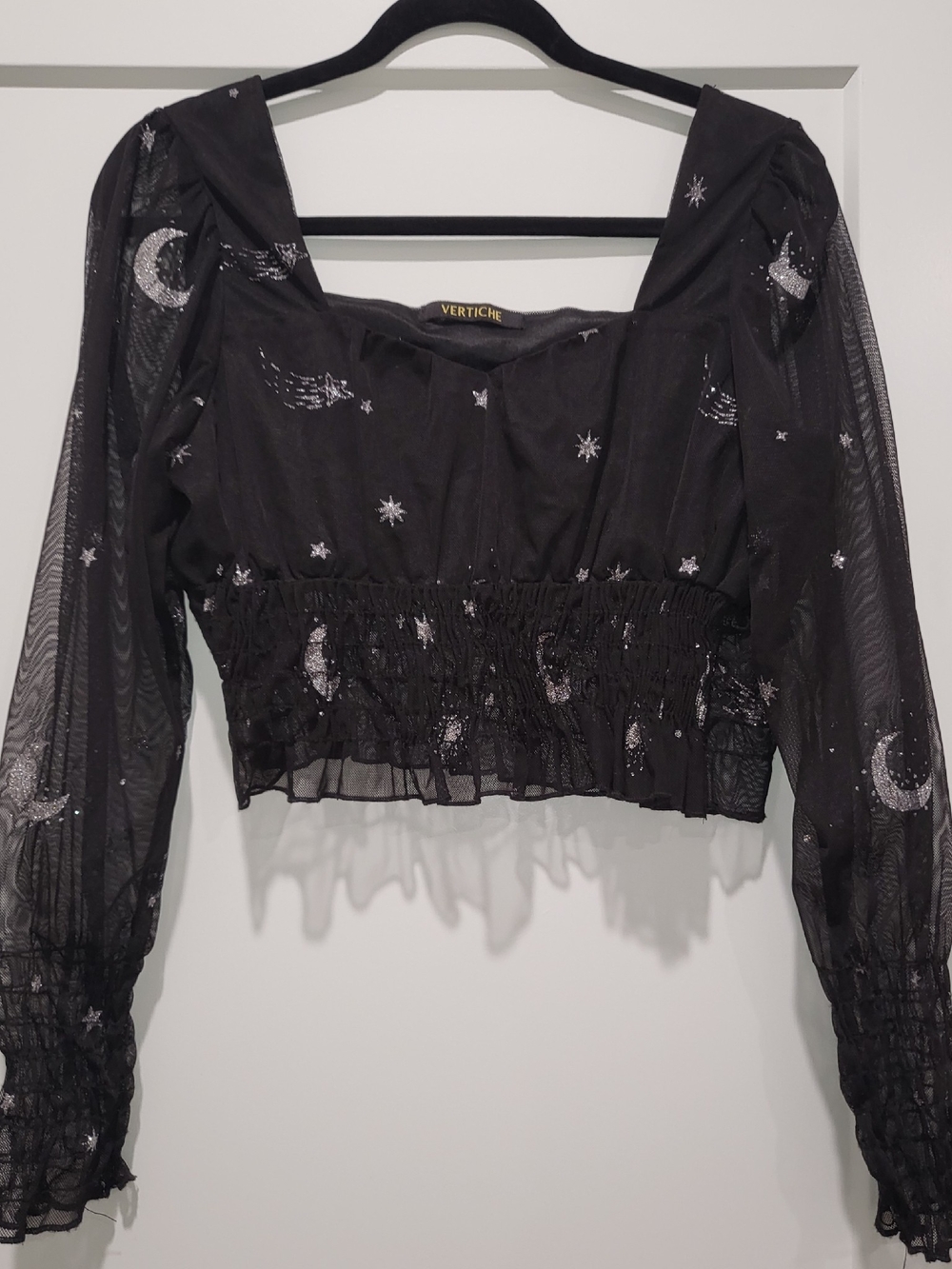 Vertiche Black Moon & Star Sheer Long-Sleeve Crop Top